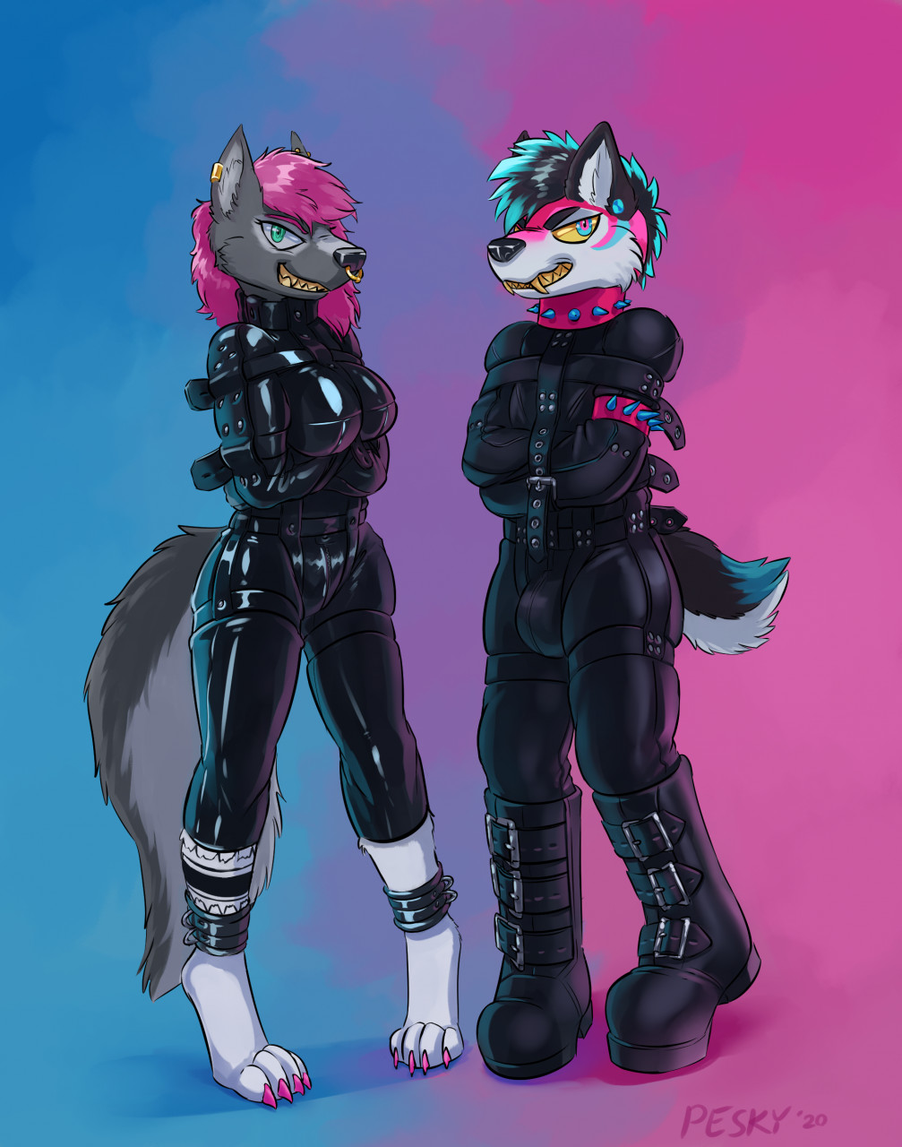 2020 anthro bdsm biped black_hair black_nose bondage bound breasts canid canine canis collar duo female green_eyes hair hi_res kaimera male mammal peskybatfish pink_collar pink_hair sharp_teeth signature simple_background smile spiked_collar spikes straitjacket teeth wolf