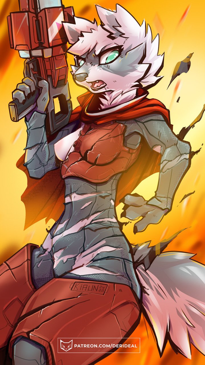 5_fingers 9:16 anthro armor breasts cape clothed clothing damage damaged_clothing exposed_breasts female fingers fur gun hi_res kiaun multicolored_body multicolored_fur open_mouth partially_clothed ranged_weapon red_armor solo text two_tone_body two_tone_fur weapon