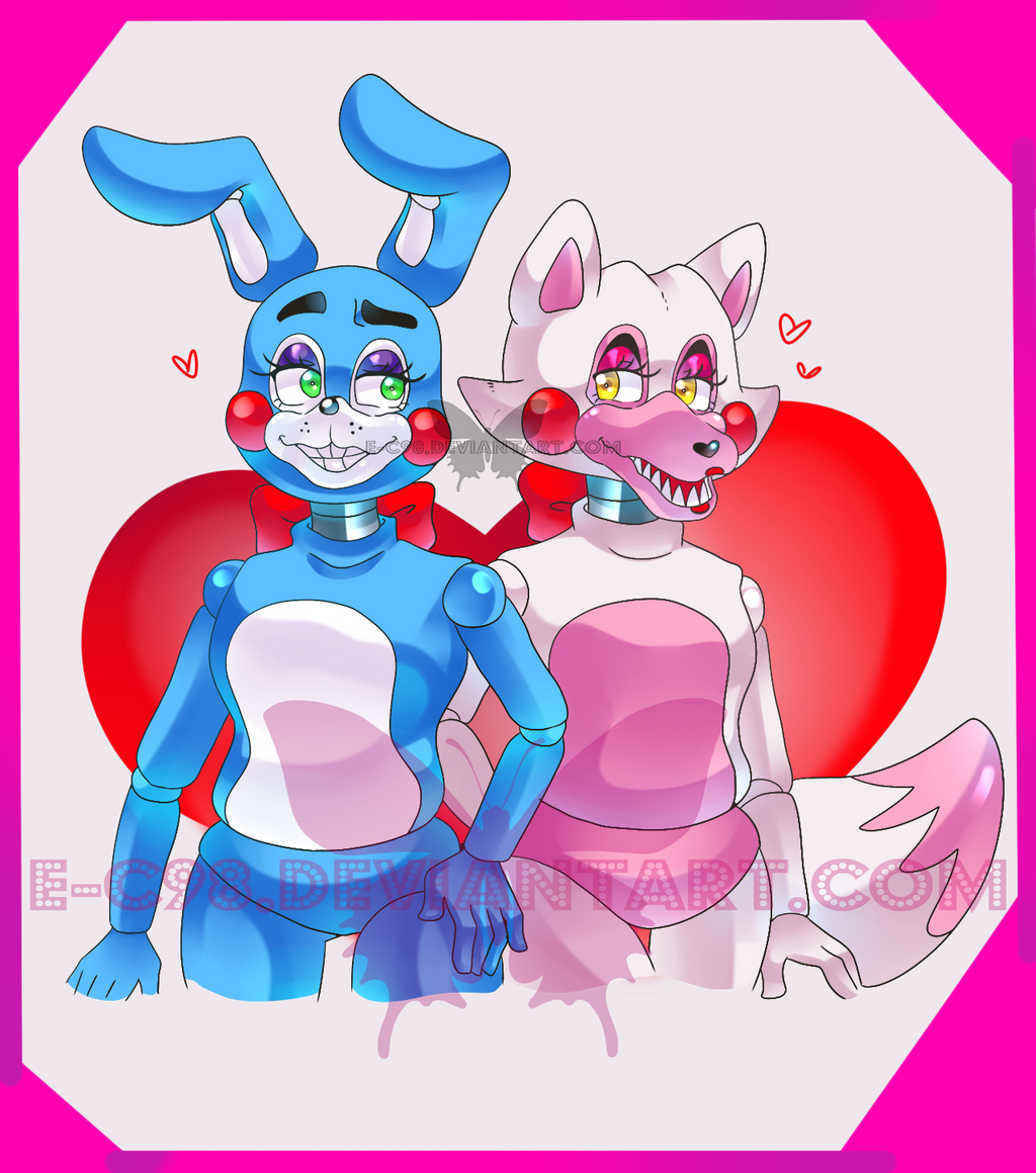 &lt;3 2015 alpha_channel animatronic anthro blue_body border bow_tie canid canine crossgender dipstick_tail duo e-c98 eye_contact female five_nights_at_freddy's five_nights_at_freddy's_2 fox freckles green_eyes hand_on_hip lagomorph leporid lipstick long_ears looking_at_another machine makeup mammal mangle_(fnaf) mtf_crossgender multicolored_body multicolored_tail pink_border rabbit red_cheeks robot toy_bonnie_(fnaf) video_games white_body yellow_eyes