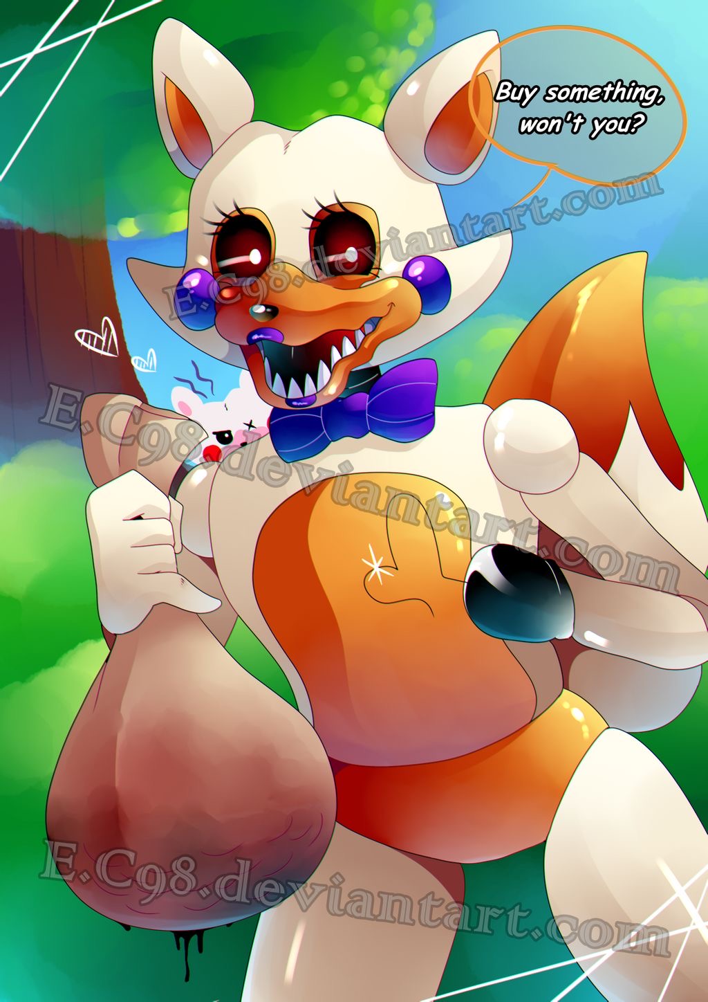 &lt;3 2016 animatronic anthro bag blood bodily_fluids bow_tie canid canine dipstick_tail distracting_watermark duo e-c98 five_nights_at_freddy's five_nights_at_freddy's_2 five_nights_at_freddy's_world fox glistening glistening_body hi_res holding_object hook_hand lipstick lolbit_(fnaf) looking_at_viewer machine makeup male mammal mangle_(fnaf) multicolored_body multicolored_tail nature open_mouth open_smile outside plant purple_cheeks raised_arm red_cheeks robot shrub smile tree video_games watermark white_body