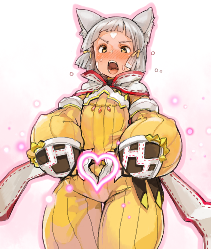 &lt;3 animal_humanoid biped blush bodily_fluids bottomwear cat_humanoid clothed clothing felid felid_humanoid feline feline_humanoid female flat_chested front_view fully_clothed gesture grey_hair hair himazin88 humanoid light_body light_skin looking_at_viewer mammal mammal_humanoid monotone_hair nia_(xenoblade) open_mouth ribbed_clothing short_hair silver_hair simple_background solo standing sweat sweatdrop thigh_gap tongue topwear white_background wide_hips xenoblade_chronicles_2 yellow_bottomwear yellow_clothing yellow_eyes yellow_topwear