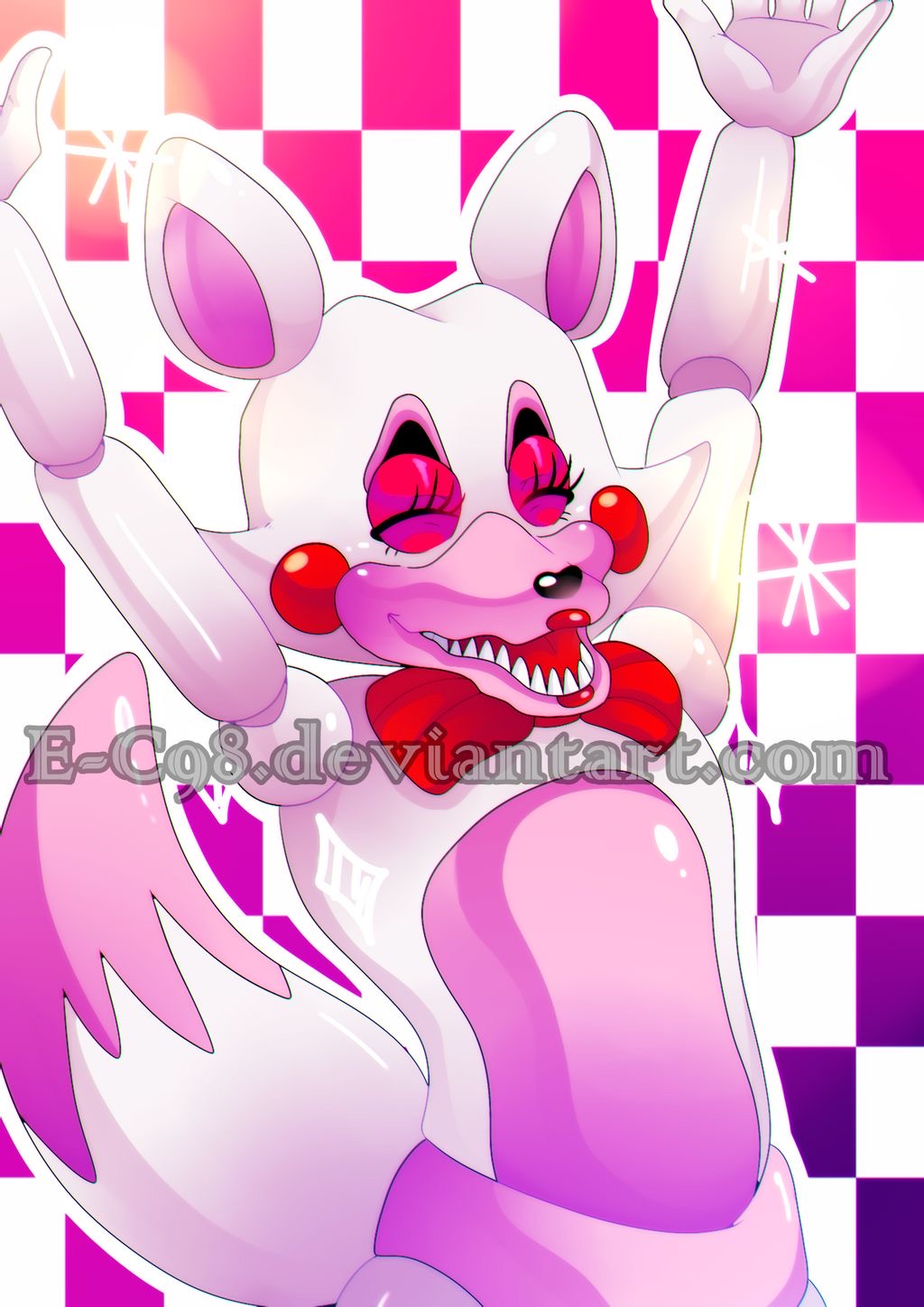 2016 animatronic anthro bow_tie canid canine dipstick_tail distracting_watermark e-c98 eyes_closed five_nights_at_freddy's five_nights_at_freddy's_2 fox girly glistening glistening_body happy hi_res lipstick machine makeup male mammal mangle_(fnaf) multicolored_body multicolored_tail open_mouth open_smile raised_arm red_cheeks robot sharp_teeth smile solo teeth video_games watermark white_body