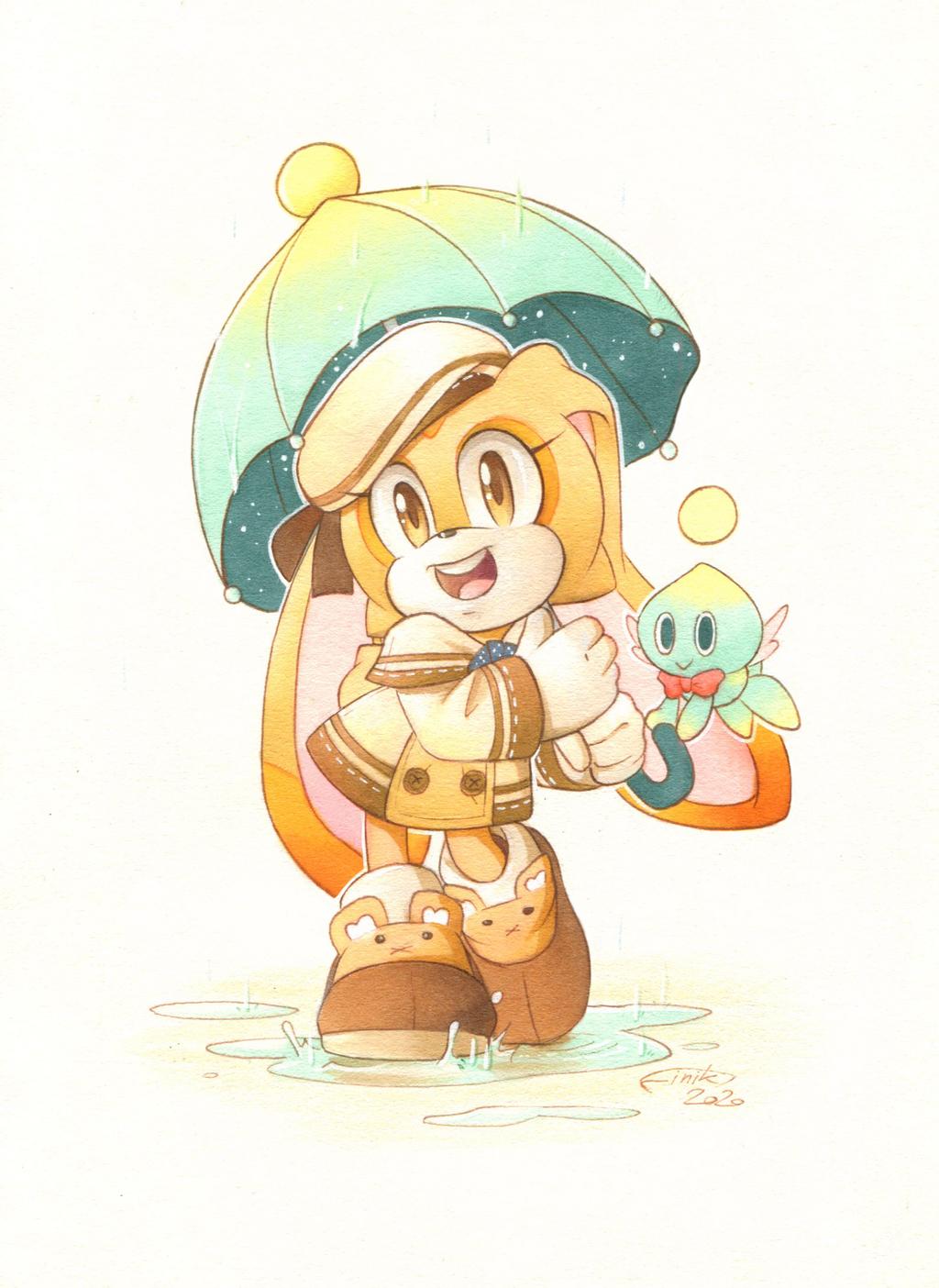 2020 ambiguous_gender anthro chao_(sonic) cheese_the_chao clothing cream_the_rabbit duo female finikart flying footwear gloves handwear hat headgear headwear hi_res lagomorph long_ears mammal open_mouth open_smile raining signature simple_background smile sonic_the_hedgehog_(series) teeth umbrella video_games water wings