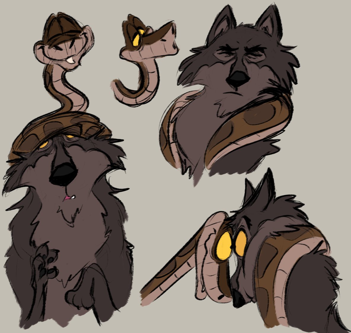 2020 akela canid canine canis coiling duo edtertainerd eye_contact feral jungle_book kaa_(jungle_book) looking_at_another male mammal reptile scalie simple_background smile snake wolf yellow_sclera