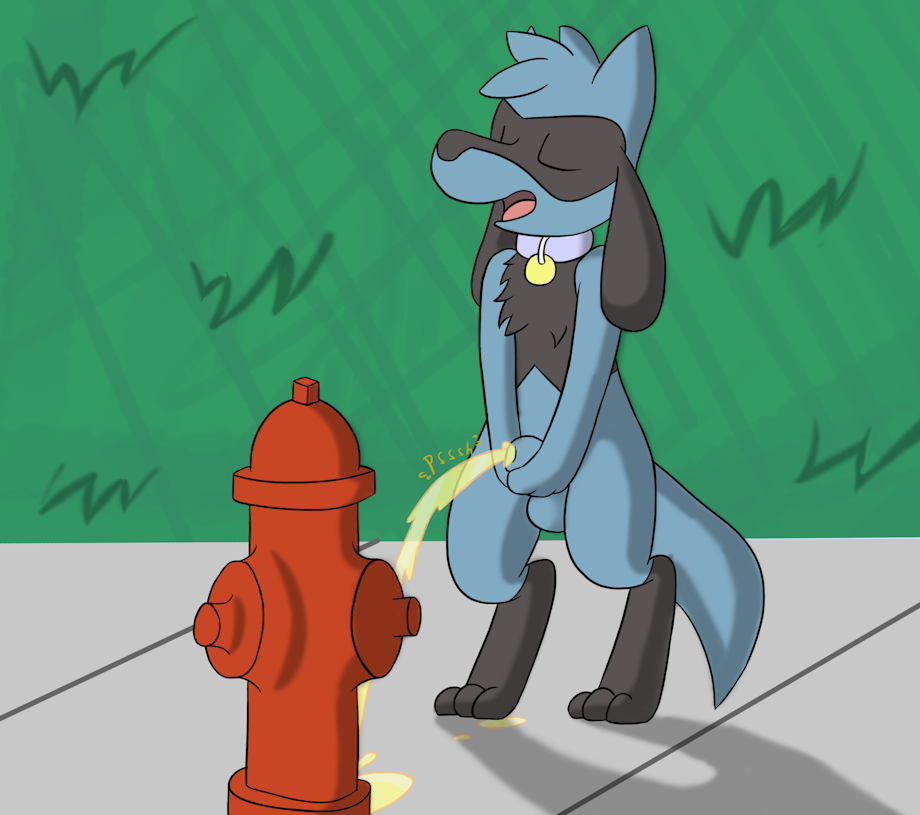 2020 anthro black_body black_fur blue_body blue_fur bodily_fluids canid canine canis collar cute_expression cute_face domestic_dog eyes_closed fire_hydrant fluffy fluffy_tail fur genital_fluids genitals happy holding_penis hydrant male mammal nintendo omorashi open_mouth open_smile outside paws peeing penis pok&eacute;mon pok&eacute;mon_(species) potty_training practice public_urination relaxing relief relieve relieved riolu ritzcat smile solo standing urine urine_puddle video_games wet wetting