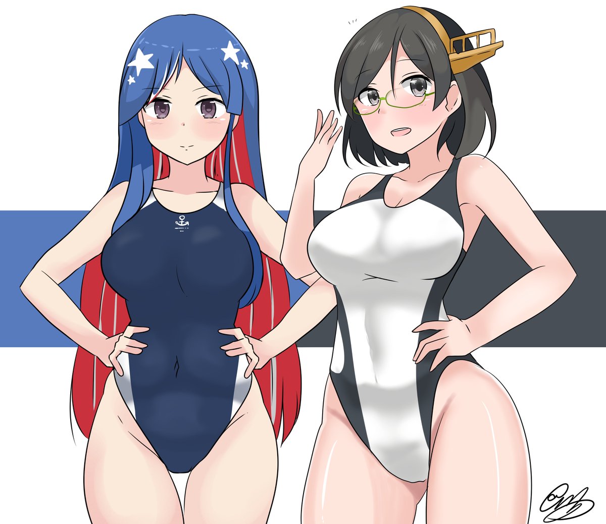 2girls :d alternate_costume black_hair blue_hair breasts competition_swimsuit eyebrows_visible_through_hair glasses green-framed_eyewear grey_eyes headgear kantai_collection kirishima_(kantai_collection) large_breasts long_hair looking_at_viewer multicolored_hair multiple_girls noruren one-piece_swimsuit open_mouth purple_eyes red_hair remodel_(kantai_collection) short_hair signature simple_background smile south_dakota_(kantai_collection) star_(symbol) swimsuit white_hair