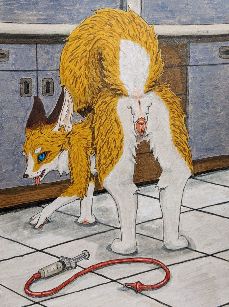 all_fours anatomically_correct anatomically_correct_genitalia anatomically_correct_pussy animal_genitalia animal_pussy anthro artificial_insemination big_ears blue_eyes bodily_fluids canid canine canine_pussy colored cum_tube female fennec flagging fox fur genitals hi_res in_heat laboratory looking_at_viewer looking_back mammal medical medical_instrument medical_play medical_syringe nella pregnancy_risk pussy raised_tail ravasker rear_view scientific_instrument semi-anthro solo syringe traditional_media_(artwork) yellow_body yellow_fur