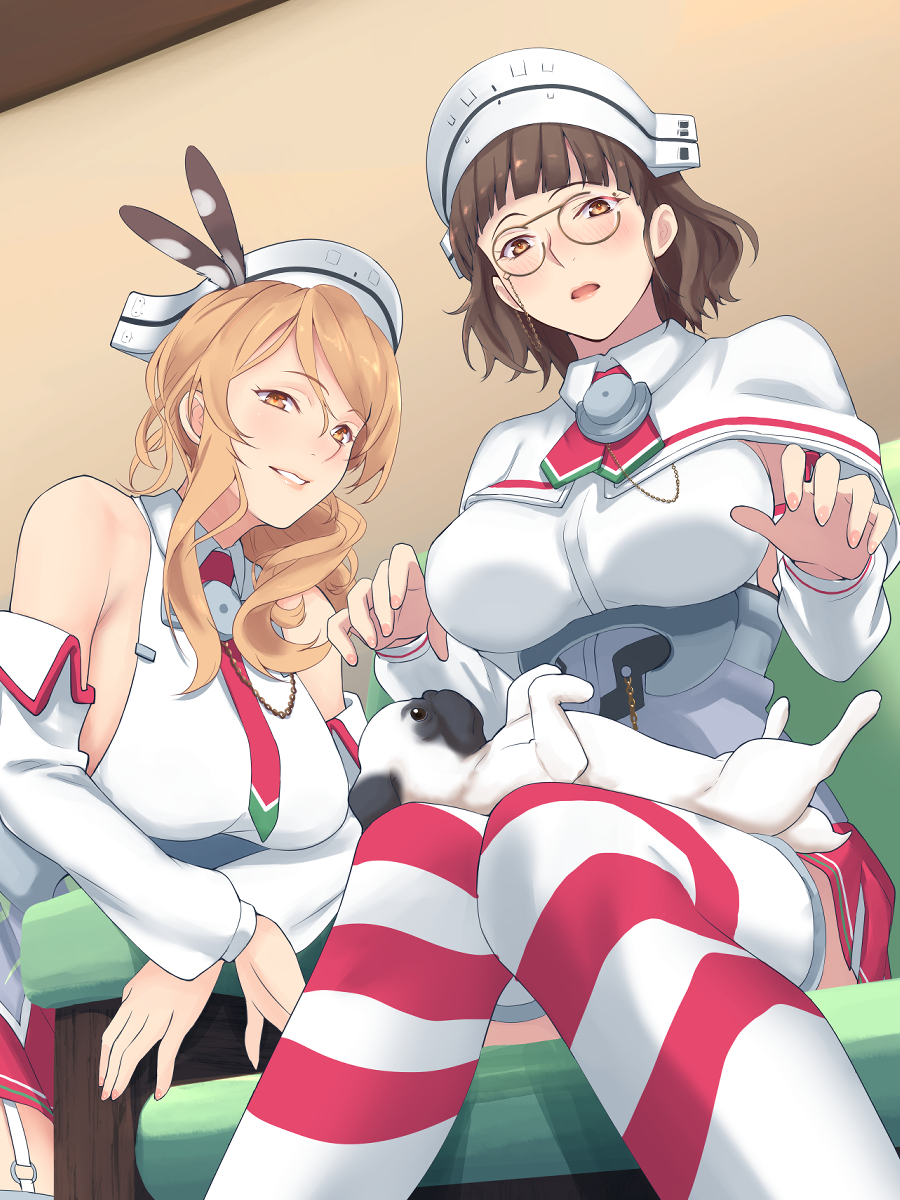 2girls bangs blonde_hair blunt_bangs breasts brown_eyes brown_hair capelet commentary_request commission couch detached_sleeves dog garter_straps glasses headdress highres kantai_collection large_breasts lips littorio_(kantai_collection) long_hair multiple_girls necktie pince-nez pleated_skirt ponytail pug red_skirt roma_(kantai_collection) shingyou_(alexander-13) shirt sitting skirt sleeveless sleeveless_shirt thighhighs wavy_hair