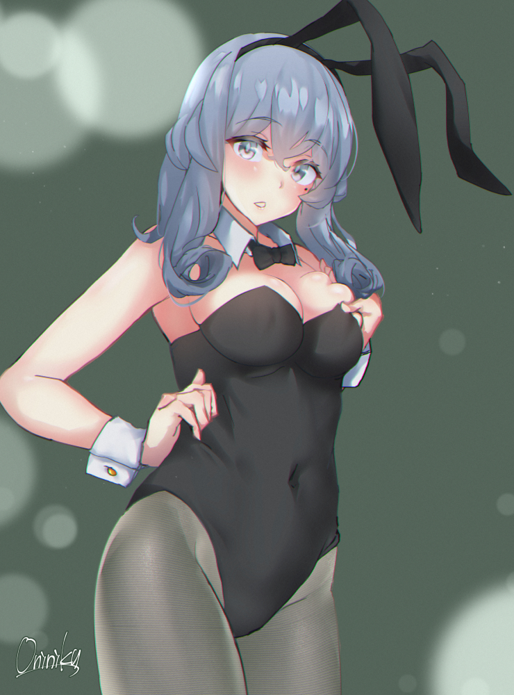 1girl animal_ears black_leotard black_neckwear blue_eyes blue_hair bow bowtie breasts bunny_ears bunny_tail cleavage detached_collar gotland_(kantai_collection) grey_background kantai_collection leotard long_hair looking_at_viewer mani_oniniku medium_breasts mole mole_under_eye pantyhose playboy_bunny simple_background solo standing strapless strapless_leotard tail wrist_cuffs