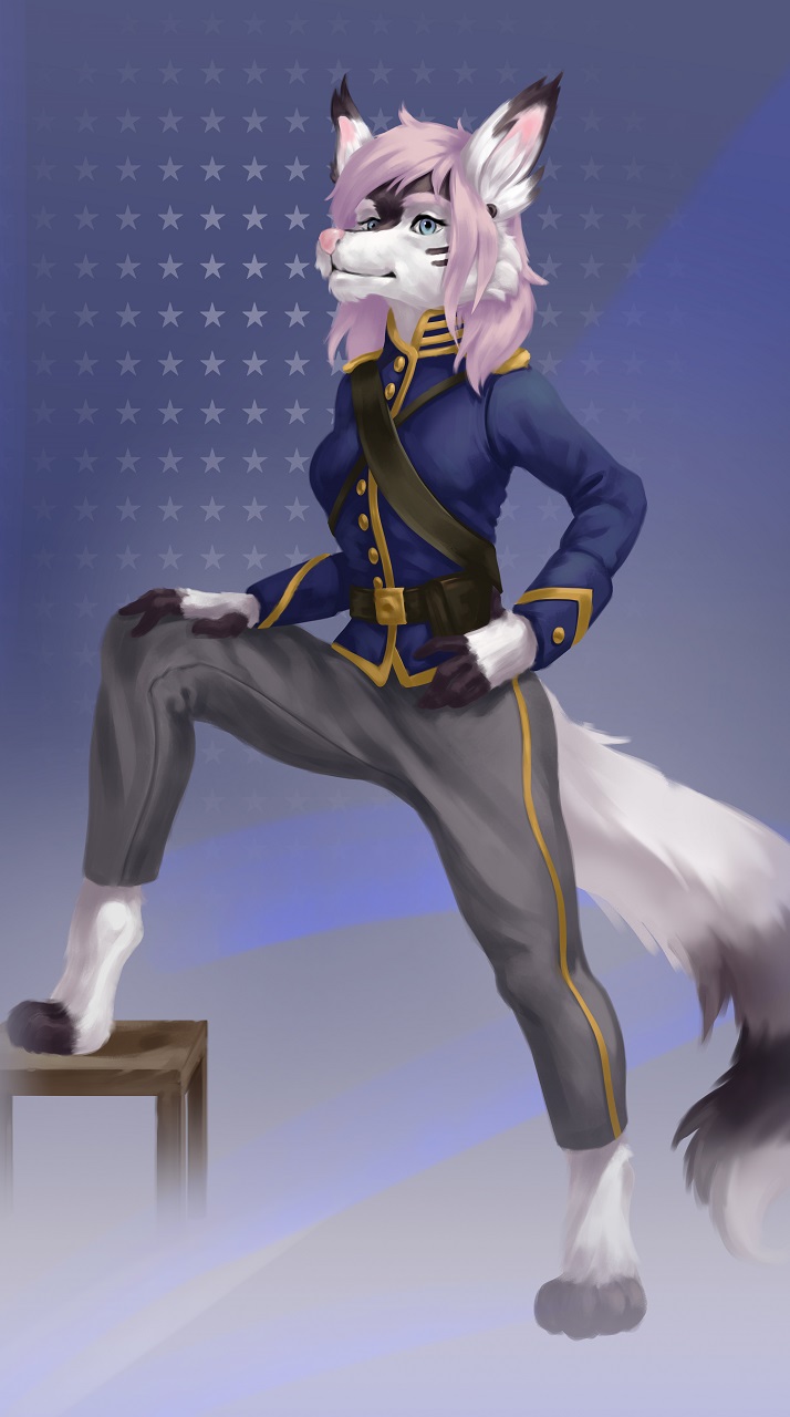 2019 american_civil_war anthro arctic_fox belt blue_eyes canid canine clothed clothing detailed_background eyelashes female flag_background fluffy fluffy_tail fox fully_clothed fur gradient_background hair hi_res mammal military military_clothing military_jacket military_pants military_uniform pimpartist pink_hair pink_nose pose simple_background solo stars_and_stripes traditional_media_(artwork) uniform united_states_of_america