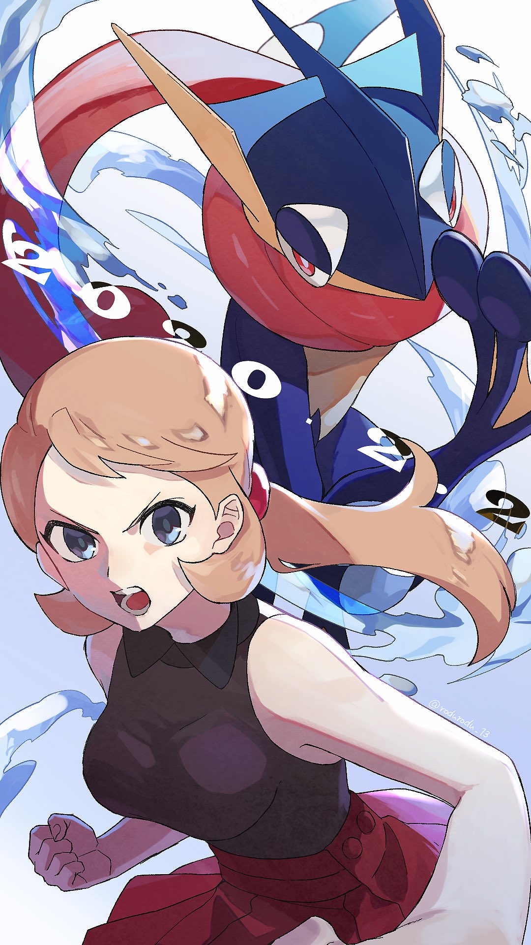 1girl bare_arms blue_eyes breasts clenched_hand commentary_request dated gen_6_pokemon greninja hair_tie highres light_brown_hair long_hair open_mouth pleated_skirt pokemon pokemon_(creature) pokemon_adventures ponytail red_skirt rozu_ki shiny shiny_hair shirt skirt sleeveless sleeveless_shirt teeth tied_hair tongue water yvonne_gabena