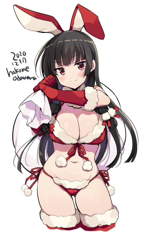 1girl animal_ears bad_anatomy bad_arm black_hair blush breasts bunny_ears cleavage closed_mouth cropped_legs dated elbow_gloves eyebrows_visible_through_hair fake_animal_ears gloves groin isokaze_(kantai_collection) kantai_collection large_breasts long_hair navel odawara_hakone pom_pom_(clothes) red_eyes red_gloves sack simple_background smile solo twitter_username white_background