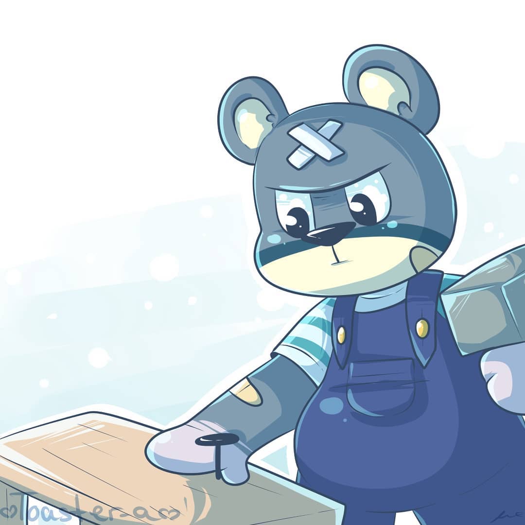 1:1 2020 animal_crossing anthro band-aid bandage black_nose carpenter clothing curt_(animal_crossing) male mammal nintendo overalls shirt slightly_chubby solo toaster_aaa topwear ursid video_games