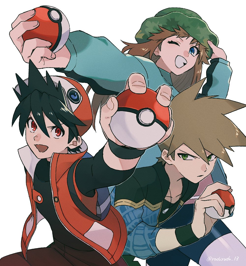 1girl 2boys badge bangs baseball_cap black_hair black_shirt black_wristband blue_eyes blue_oak brown_hair camouflage camouflage_headwear clenched_teeth coat commentary_request cosplay fingernails green_(pokemon) green_coat green_eyes green_headwear hand_on_headwear hat holding holding_poke_ball jacket jewelry leaf_(pokemon) leaf_(pokemon)_(cosplay) long_hair long_sleeves multiple_boys necklace open_mouth poke_ball poke_ball_(basic) pokemon pokemon_(game) pokemon_adventures pokemon_masters_ex red_(pokemon) red_eyes rozu_ki shirt sleeveless sleeveless_jacket sleeves_past_elbows smile spiked_hair teeth undershirt white_background wristband