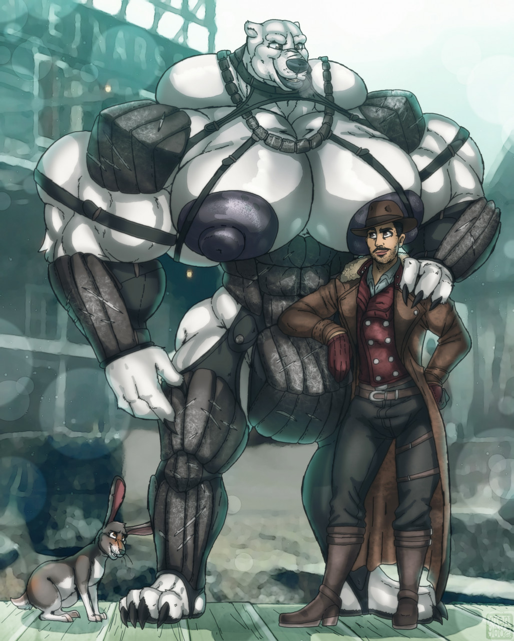 anthro big_bulge big_muscles bulge feral hare hester_(hdm) hi_res his_dark_materials huge_bulge huge_muscles huge_nipples huge_pecs human hyper iorek_byrnison lagomorph lee_scoresby leporid male mammal muscular polar_bear ursid ursine xtrent968