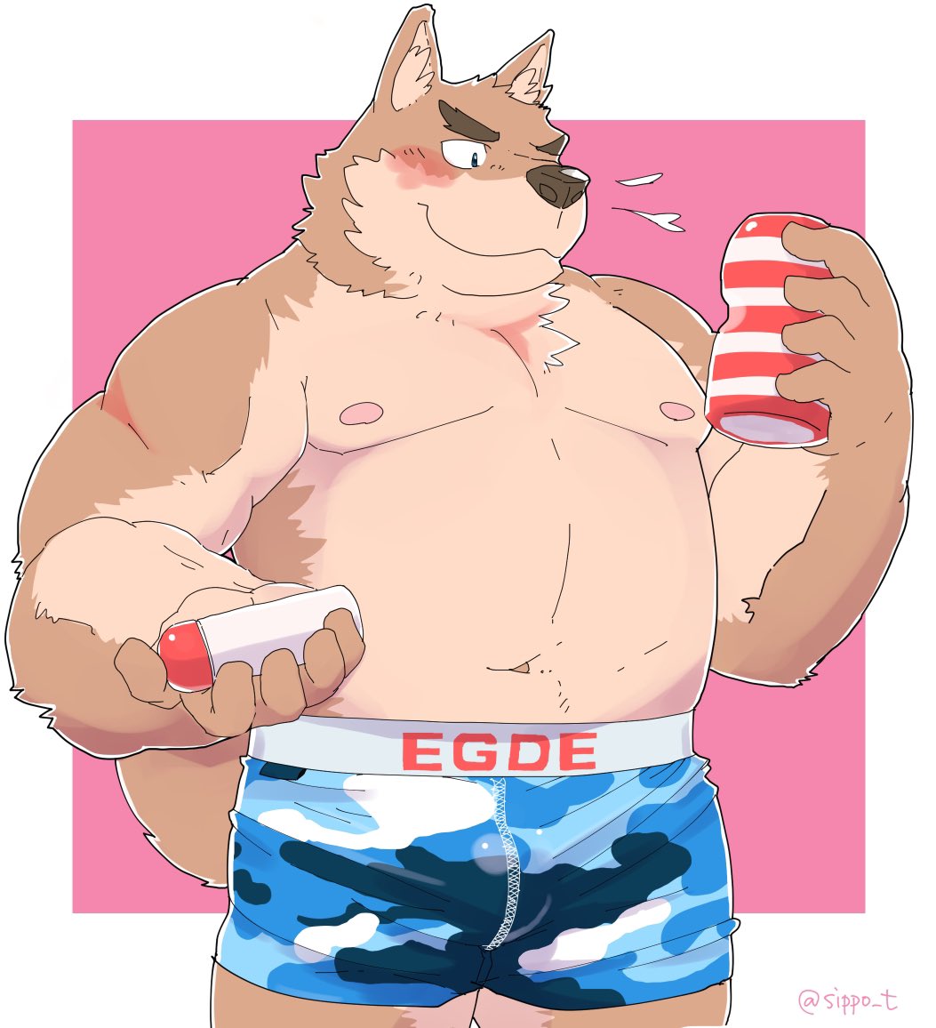 2020 anthro blush brown_body brown_fur bulge canid canine canis clothing domestic_dog fur kemono male mammal navel nipples overweight overweight_anthro overweight_male sippo solo tenga tenga_egg underwear