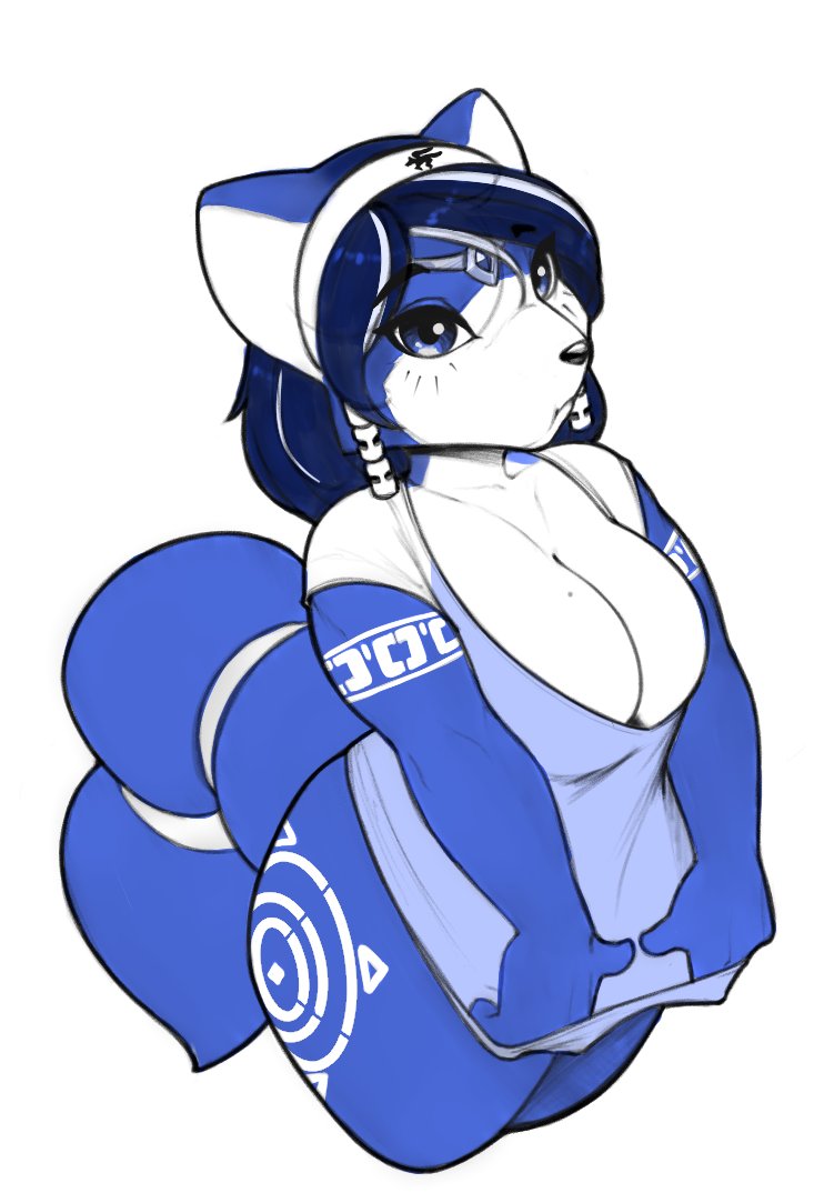 accessory anthro big_ears big_tail blue_body blue_eyes blue_hair bottomless breasts canid canine circlet cleavage clothed clothing clothing_pull conditional_dnp ear_piercing ear_ring female fox hair headband headgear headwear krystal mammal nintendo piercing shirt shirt_pull solo star_fox tattoo thick_thighs topwear topwear_pull video_games xopachi