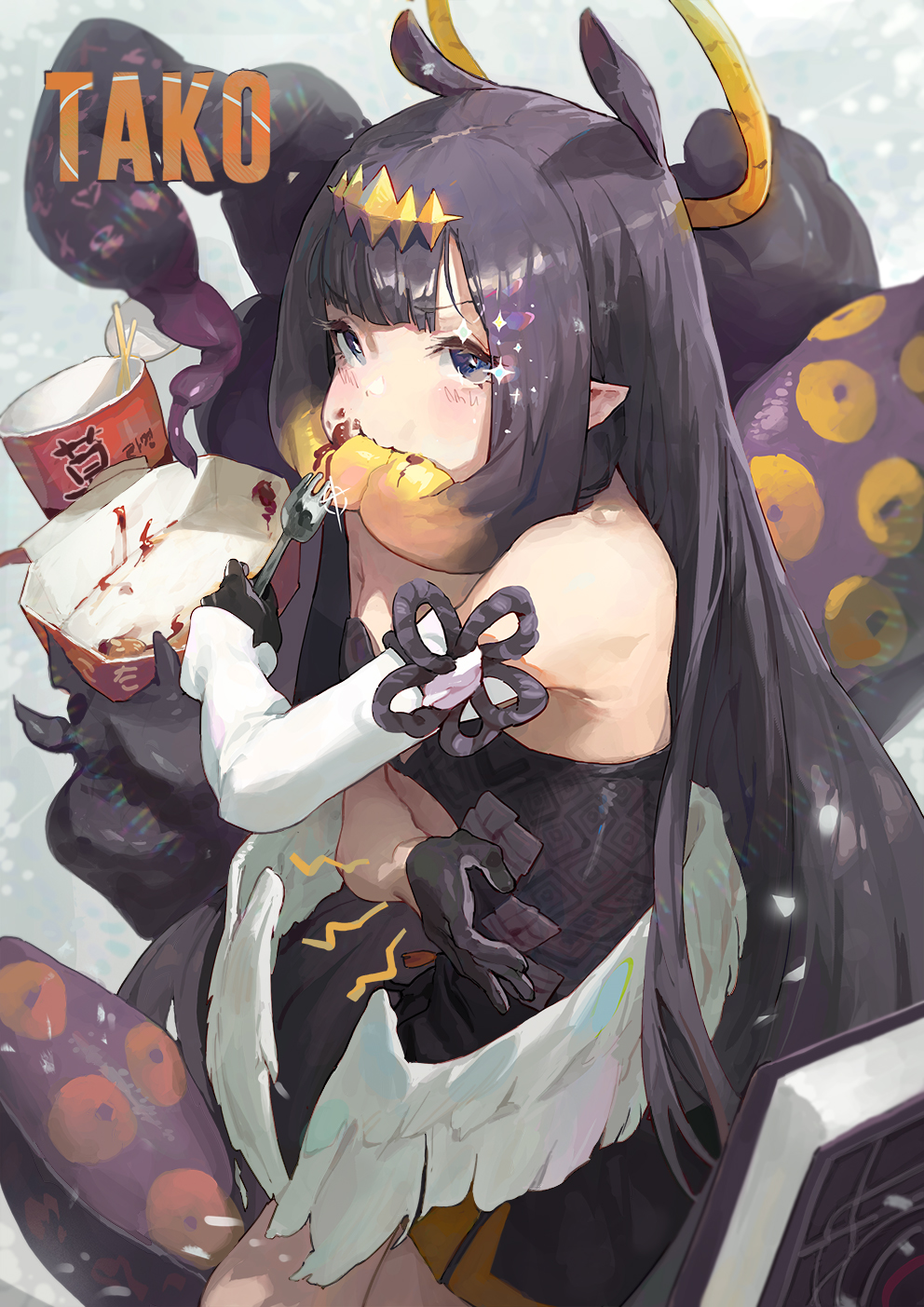 1girl ao-chan_(ninomae_ina'nis) black_gloves eating eating_hair eyelashes fast_food fork gloves grey_background hair_in_mouth halo highres holding holding_fork holding_stomach hololive instant_ramen long_hair looking_at_viewer low_wings ninomae_ina'nis pointy_ears purple_eyes rawtuna sidelocks snow solo sparkle stomach_growling tentacle_hair tentacles very_long_hair wings