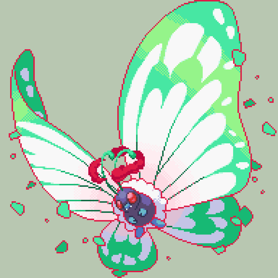 antennae bug butterfly butterfree commentary_request creature fangs full_body gen_1_pokemon gigantamax gigantamax_butterfree grey_background insect jon_(zyagapi) no_humans pixel_art pokemon pokemon_(creature) red_eyes simple_background solo