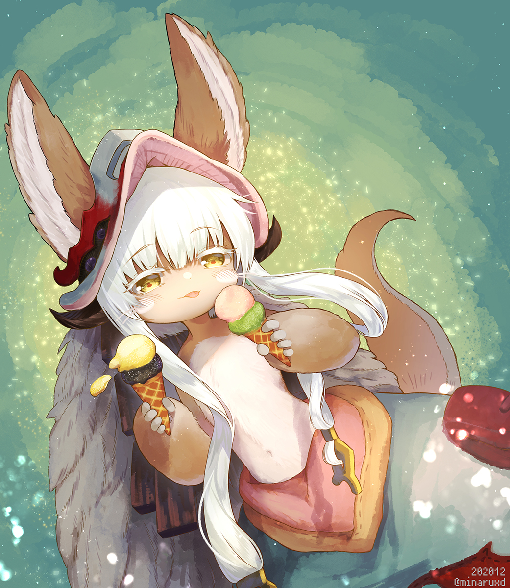 alternate_version_at_source anthro baggy_clothing baggy_pants biped bird's-eye_view blep blush bottomwear brown_body brown_fur clothed clothing dessert eyelashes female flat_chested food fur grass hair headdress hi_res high-angle_view holding_food holding_object ice_cream ice_cream_cone inner_ear_fluff kemono lagomorph long_ears long_hair looking_at_viewer lying made_in_abyss mammal minaruxd monotone_hair multicolored_body multicolored_fur nanachi narehate on_back pants plant solo tan_body tan_fur tongue tongue_out topless tuft two_tone_body two_tone_fur two_tone_tail whiskers white_eyelashes white_hair yellow_eyes