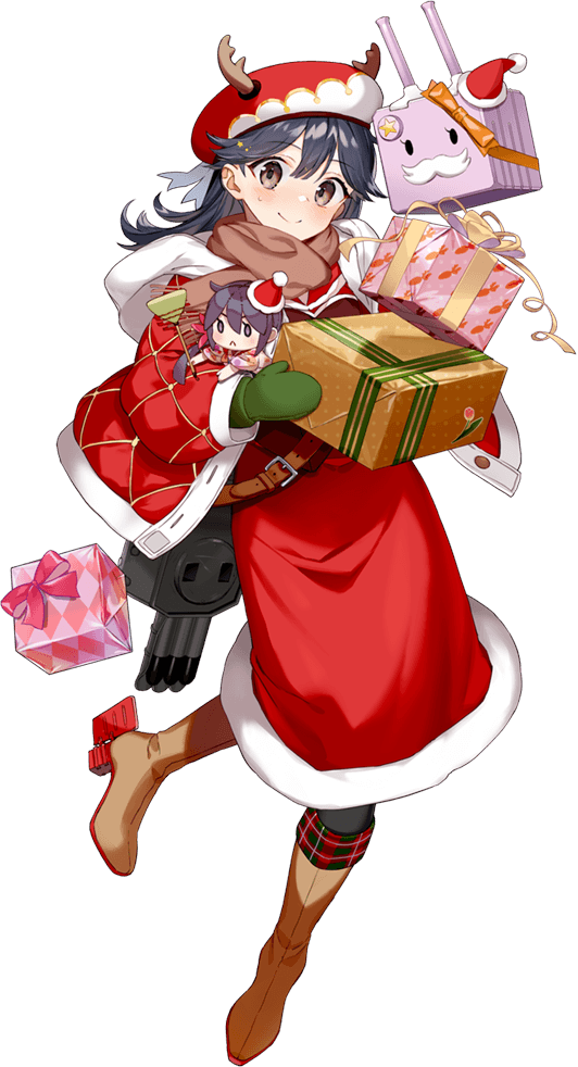 1girl akebono_(kantai_collection) black_hair blush box brown_eyes brown_scarf character_doll christmas drew_(drew213g) eyebrows_visible_through_hair frills fringe_trim full_body gift gift_box hair_between_eyes kantai_collection long_hair machinery mittens official_art rigging santa_costume scarf solo torpedo_launcher torpedo_tubes transparent_background turret ushio_(kantai_collection)