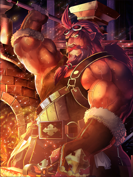 1boy ahoge bara beard blacksmith brown_gloves dovan_(x-overd) eyepatch facial_hair fingerless_gloves game_cg gloves goggles hammer indoors male_focus muscle official_art pointy_ears red_hair standing x-overd