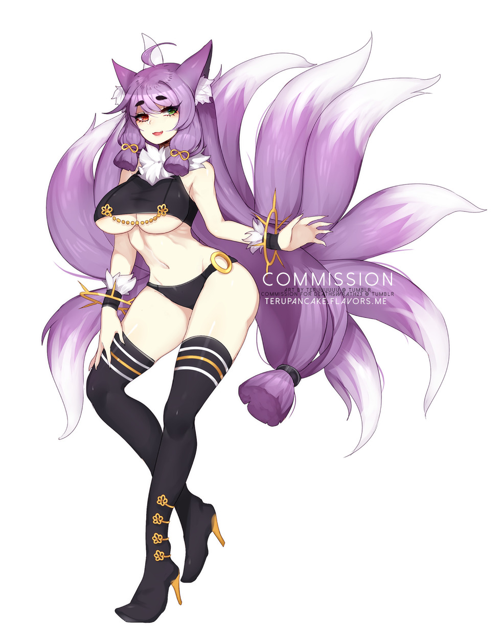 1girl :d animal_ears bare_shoulders black_footwear black_panties boots breasts commentary commission english_commentary fox_ears fox_tail full_body fur_collar green_eyes heterochromia high_heel_boots high_heels highres kitsune large_breasts long_hair looking_at_viewer multiple_tails open_mouth original panties purple_hair red_eyes simple_background smile solo tail terupancake thigh_boots thighhighs underboob underwear very_long_hair white_background wristband