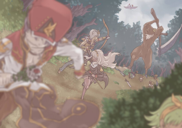 2girls 3boys animal_ears arrow_(projectile) bangs baphomet_(ragnarok_online) baphomet_jr bird black_coat black_dress blue_pants blurry bow_(weapon) brown_shirt bunny_ears bush cape closed_mouth coat commentary_request crop_top crown day defeat demon depth_of_field drawing_bow dress dutch_angle fleeing full_body fur-trimmed_gloves fur-trimmed_shirt fur_trim garter_straps gloves grass green_hair hairband high_priest_(ragnarok_online) holding holding_bow_(weapon) holding_staff holding_weapon knight_(ragnarok_online) long_hair looking_at_another looking_to_the_side lying monster multiple_boys multiple_girls no_eyes novice_(ragnarok_online) on_ground open_mouth outdoors pants priest_(ragnarok_online) purple_hair ragnarok_online red_headwear red_shirt scythe shirt short_hair sleeveless sleeveless_shirt sniper_(ragnarok_online) staff standing susukinohukurou sword thighhighs tree two-tone_shirt upper_body weapon white_hair white_shirt yellow_gloves yellow_shirt
