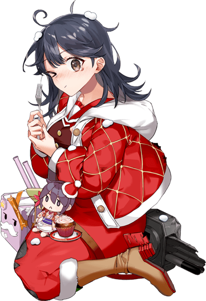 1girl akebono_(kantai_collection) black_hair blush brown_eyes character_doll christmas drew_(drew213g) eyebrows_visible_through_hair fork full_body hair_between_eyes holding holding_fork kantai_collection long_hair long_sleeves machinery official_art one_eye_closed rigging santa_costume solo torpedo_launcher torpedo_tubes transparent_background ushio_(kantai_collection)