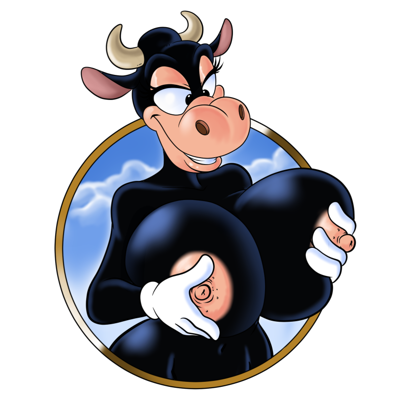 alpha_channel anthro big_breasts black_body black_fur bovid bovine breast_fondling breasts cattle clarabelle_cow clothing disney eyelashes female fondling fur gloves hand_on_breast handwear horn huge_breasts lordstevie mammal solo