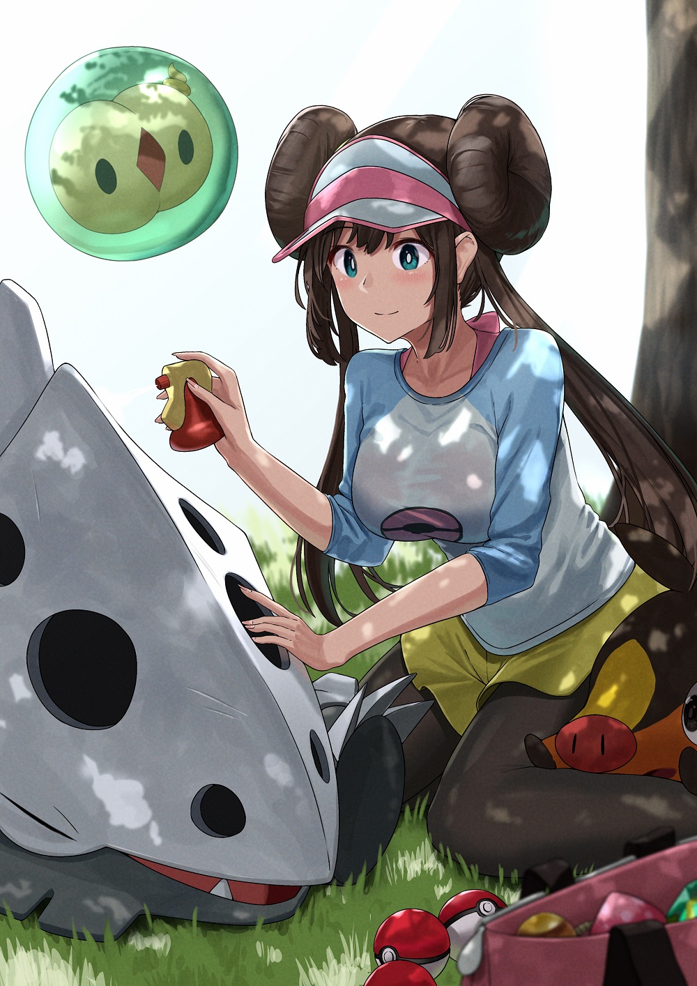 1girl aqua_eyes bag berry_(pokemon) black_legwear blush bottle breasts brown_hair closed_mouth collarbone double_bun duplicate eyebrows_visible_through_hair floating gen_3_pokemon gen_5_pokemon grass hand_on_another's_head hat highres kneeling lairon large_breasts legwear_under_shorts logo long_hair long_sleeves looking_at_another multicolored multicolored_clothes noeru outdoors pantyhose pecha_berry poke_ball poke_ball_(basic) pokemon pokemon_(creature) pokemon_(game) pokemon_bw2 rosa_(pokemon) shorts smile solosis spray_bottle tepig tree visor visor_cap yellow_shorts