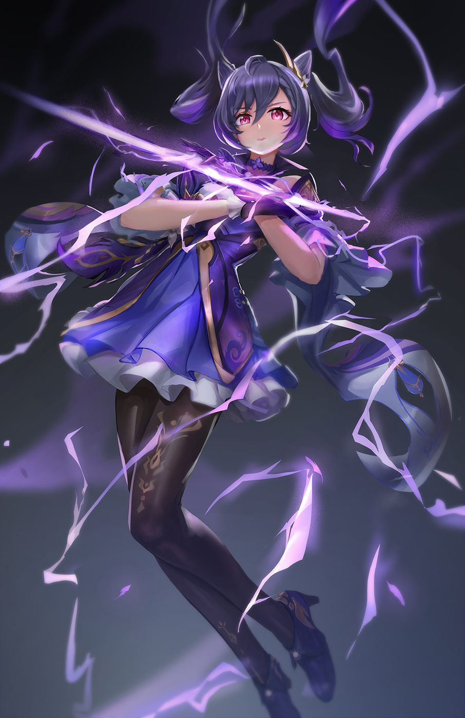1girl ankle_boots bare_shoulders boots brown_legwear cglas chinese_clothes double_bun dress full_body genshin_impact gloves grey_hair hair_ornament highres jewelry keqing long_hair looking_at_viewer pantyhose purple_eyes purple_footwear purple_gloves purple_hair shiny shiny_hair solo