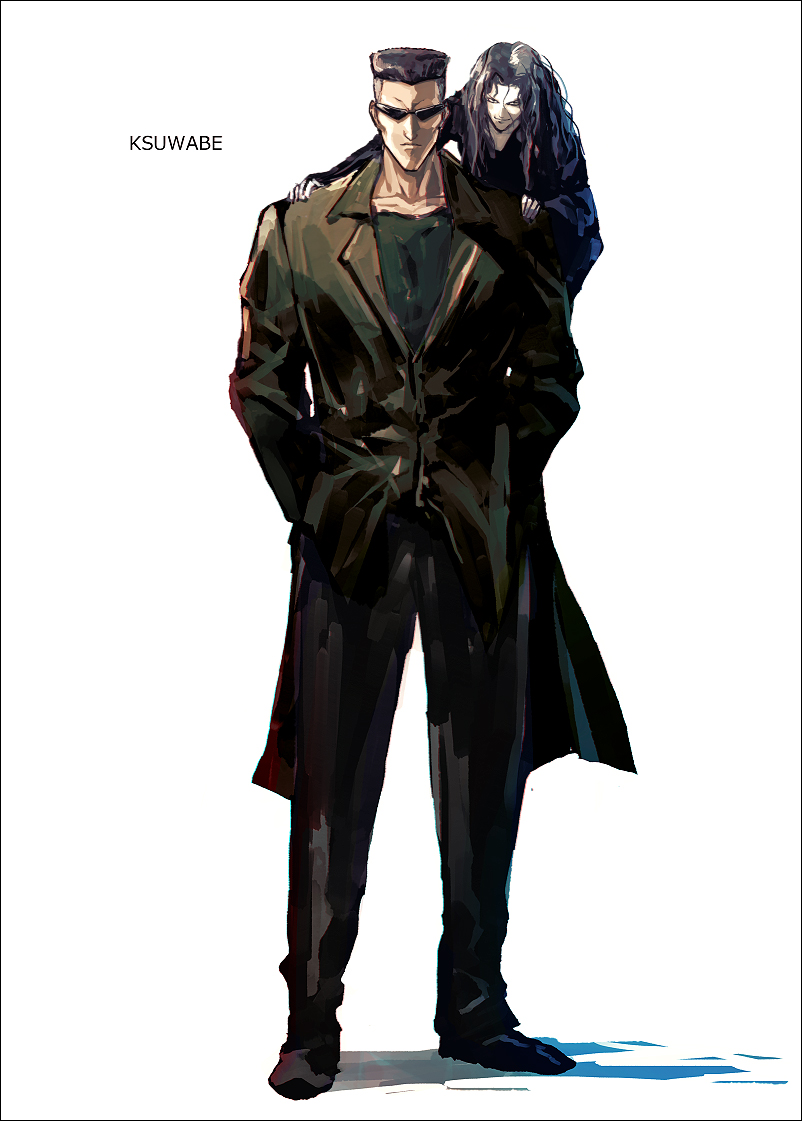 2boys artist_name black_footwear black_hair black_pants blue_shirt brothers buzz_cut closed_mouth coat collarbone commentary_request full_body green_coat green_shirt grey_hair hands_in_pockets k-suwabe long_hair long_sleeves looking_at_viewer manly multiple_boys on_shoulder pants serious shadow shirt shoes short_hair siblings simple_background size_difference smirk standing sunglasses toguro_ani toguro_otouto trench_coat very_short_hair white_background yuu_yuu_hakusho