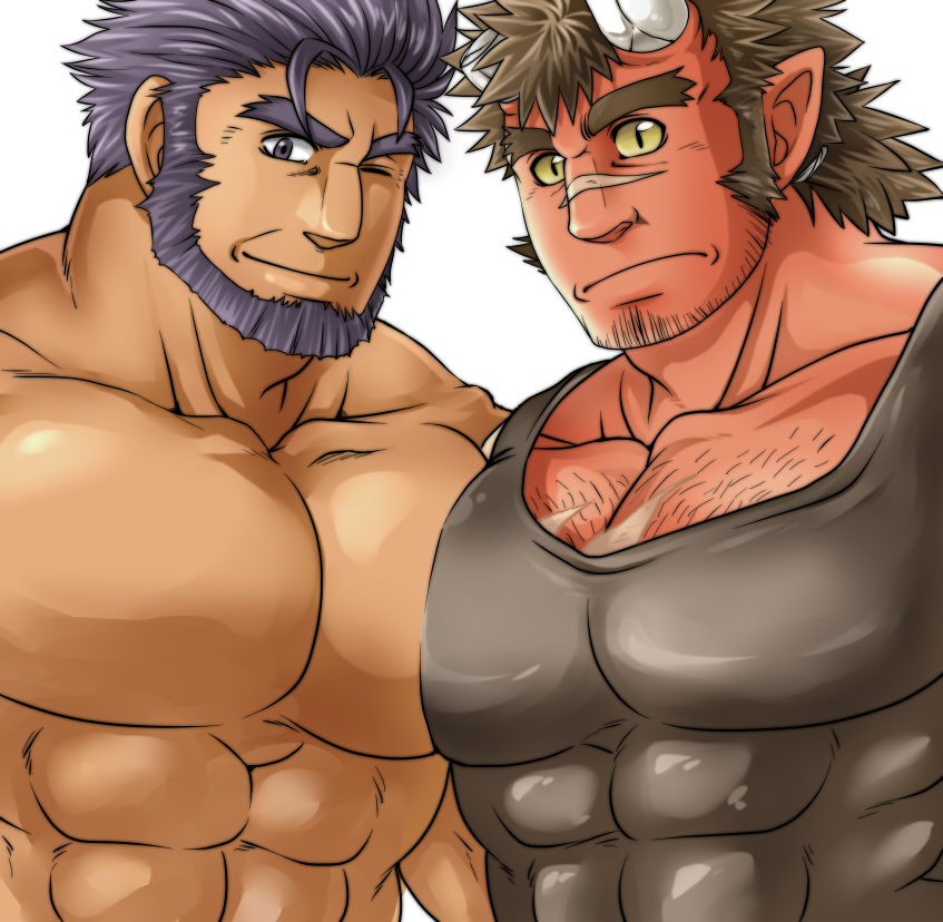 2boys abs bara bare_pecs beard black_tank_top body_hair chest_hair collarbone colored_skin covered_abs dark_skin dark_skinned_male ded_(tokyo_houkago_summoners) facial_hair forked_eyebrows horns male_focus monster_boy multiple_boys muscle nipples no_nipples nude one_eye_closed oni oni_horns pectoral_docking pectoral_focus pectoral_press pectorals purple_hair red_oni red_oni_(tokyo_houkago_summoners) red_skin scar scar_on_face scar_on_nose short_hair sideburns smile stubble sunfight0201 tank_top thick_eyebrows tokyo_houkago_summoners upper_body yellow_sclera