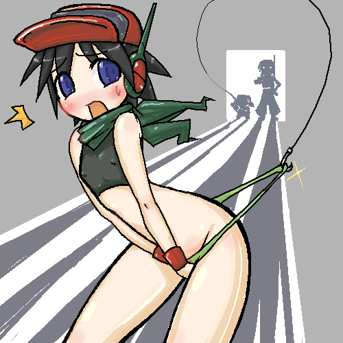blush caught cave_story clothed clothing crossdressing curly_brace female kanpachi lagomorph machine male mammal mechanical mimiga open_mouth panties quote quote_(cave_story) robot scarf shadow simple_background skimpy underwear unknown_artist video_games