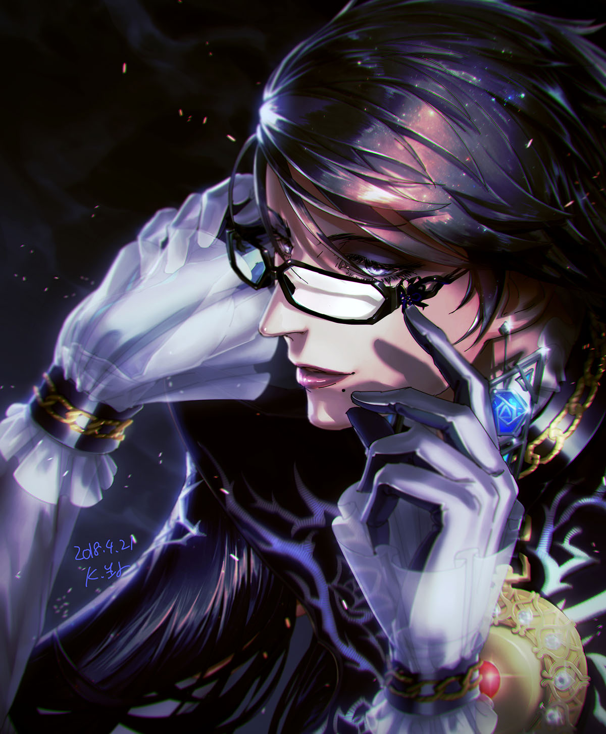 1girl amulet bayonetta bayonetta_(character) black_hair commentary_request earrings eyeshadow face glasses gloves highres jewelry kara_ikuko lips lipstick makeup mole mole_under_mouth parted_lips white_gloves