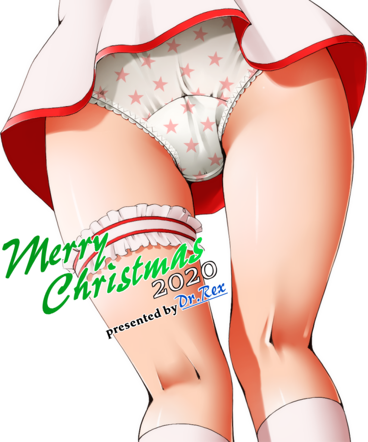 1girl artist_name ass dr_rex dress head_out_of_frame kneehighs kneepits leg_garter lower_body merry_christmas original panties print_panties simple_background solo star_(symbol) star_panties star_print underwear upskirt white_background white_dress white_legwear white_panties