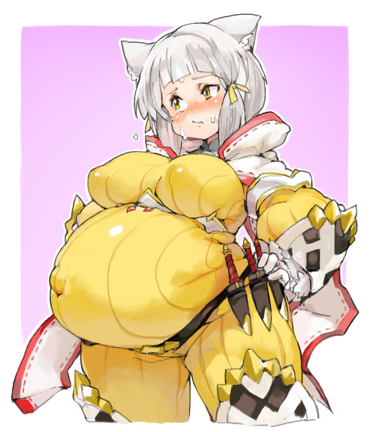 2020 animal_humanoid belly big_belly big_breasts biped blush bodily_fluids bottomwear breasts cat_humanoid clothed clothing felid felid_humanoid feline feline_humanoid female fully_clothed grey_hair hair himazin88 humanoid mammal mammal_humanoid monotone_hair nia_(xenoblade) overweight overweight_female overweight_humanoid pregnant ribbed_clothing short_hair silver_hair simple_background solo standing sweat sweatdrop topwear white_background xenoblade_chronicles_2 yellow_bottomwear yellow_clothing yellow_eyes yellow_topwear