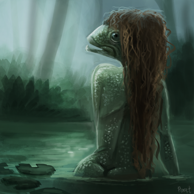 2013 anthro brown_hair cryptid-creations female fish green_body green_scales grey_eyes hair lily_pad looking_back marine nude open_mouth outside plant scales shrub solo teeth tree water