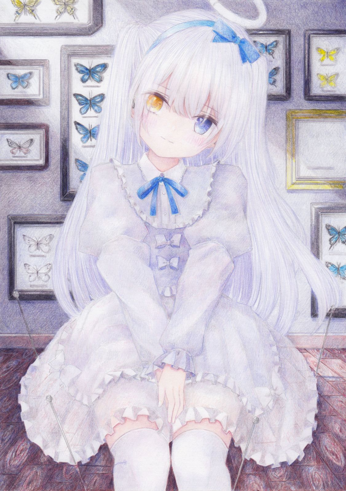 1girl blush bug butterfly closed_mouth colored_pencil_(medium) darkkanan dress earbuds earphones frilled_dress frills graphite_(medium) halo hands_on_lap head_tilt headband heterochromia highres indoors insect lolita_fashion long_hair long_sleeves looking_at_viewer original pinafore_dress see-through sitting solo thighhighs thighs traditional_media twintails white_dress white_hair