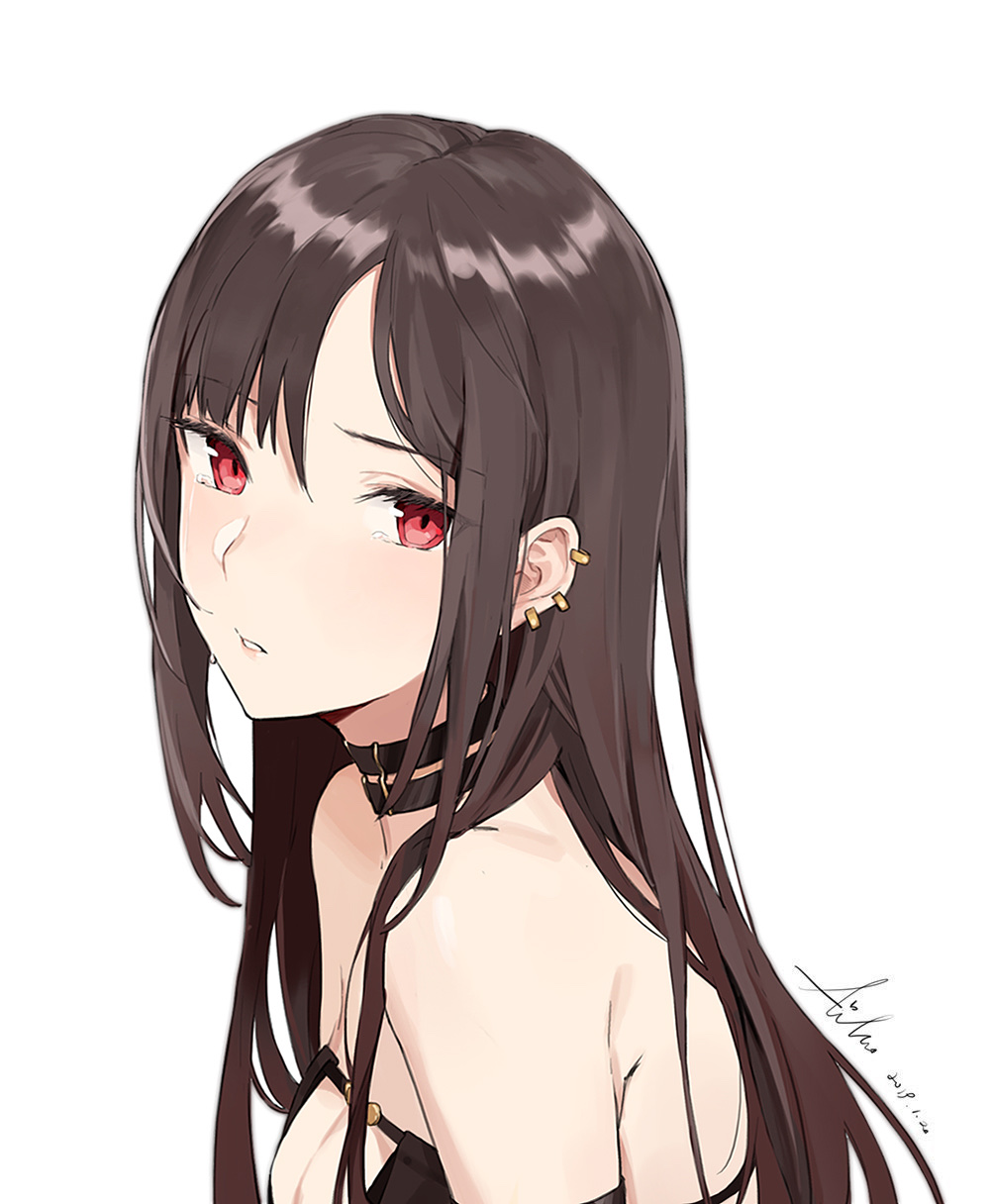 1girl aiko_(kanl) bangs bare_shoulders black_choker breasts brown_hair center_opening choker cleavage consort_yu_(fate) ear_piercing earrings face fate/grand_order fate_(series) from_side highres jewelry long_hair looking_at_viewer medium_breasts parted_lips piercing red_eyes revision sidelocks simple_background solo tears upper_body white_background