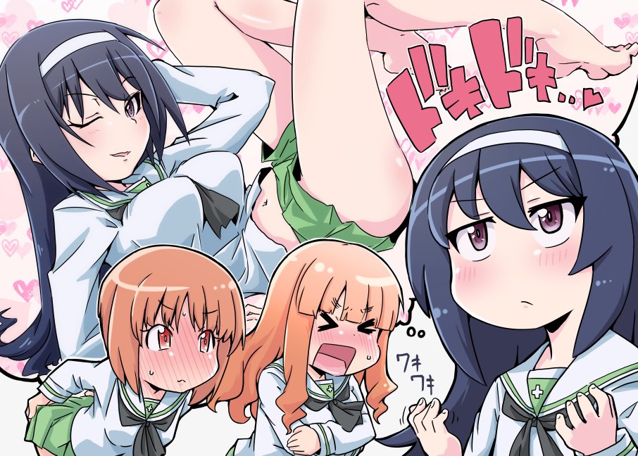&gt;_&lt; 3girls arm_behind_head ass_grab bangs barefoot black_hair black_neckwear blouse blunt_bangs bob_(you-u-kai) brown_eyes brown_hair closed_eyes closed_mouth commentary covering covering_breasts embarrassed eyebrows_visible_through_hair frown girls_und_panzer grabbing_own_ass hairband heart heart_background imagining knees_up leaning_forward legs long_hair long_sleeves looking_at_another lying midriff miniskirt multiple_girls navel neckerchief nishizumi_miho on_back ooarai_school_uniform open_mouth orange_hair pleated_skirt pose reizei_mako sailor_collar school_uniform serafuku short_hair skirt smile standing sweatdrop takebe_saori translated white_blouse white_hairband white_sailor_collar