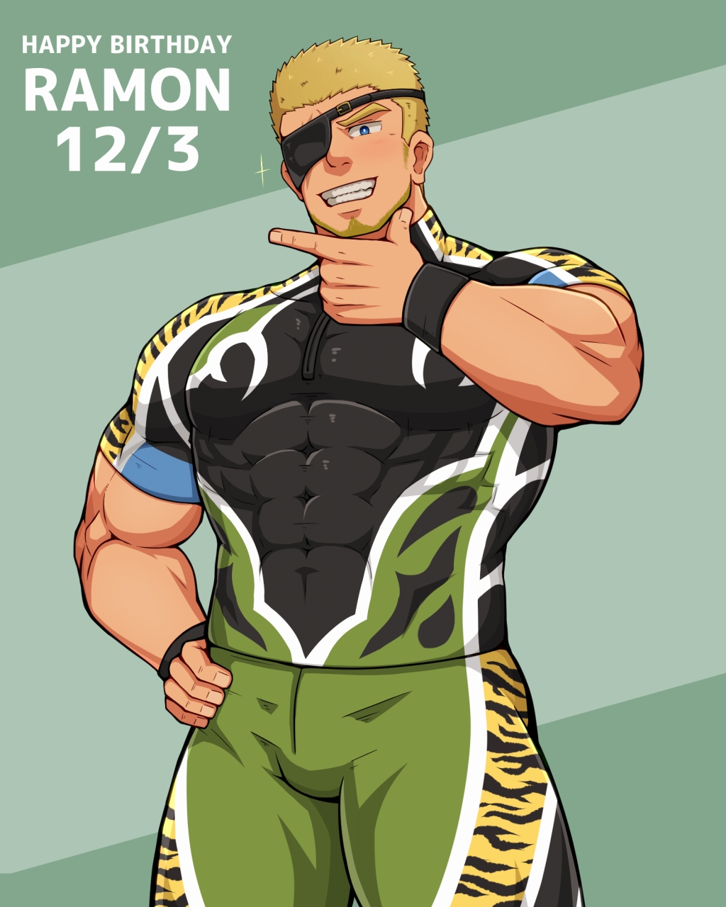 1boy bara black_shirt blonde_hair blue_eyes bulge character_name covered_abs covered_navel cowboy_shot eyepatch facial_hair goatee green_shorts hand_on_hip happy_birthday highres male_focus muscle pectorals ramon_(kof) shirt short_hair shorts sideburns solo the_king_of_fighters tight_shirt vert_cypres