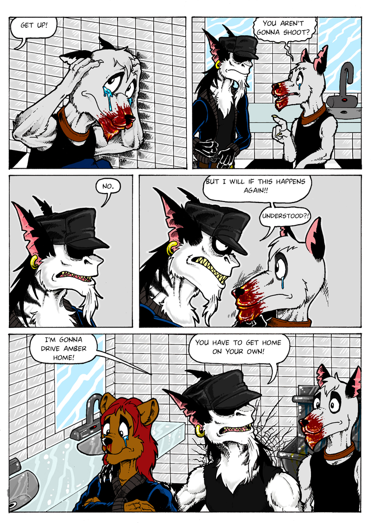 aardwolf amber_(clusterskulls) angry anthro bathroom black_clothing black_hair black_jacket black_nose black_shirt black_stripes black_tank_top black_topwear blood bloody_mouth bodily_fluids bracing_for_impact brown_body brown_fur canid canine canis clothing clusterskulls collar comic comic_page crater dialogue domestic_dog domestic_ferret ear_piercing ear_ring english_text female fur group hair hat headgear headwear hyaenid jacket magra_(clusterskulls) male mammal mullet mustela mustelid musteline nosebleed piercing pink_inner_ear public_restroom rage_face red_hair shirt sink speech_bubble steve_(clusterskulls) stripes tank_top tears tears_of_pain text tile_wall topwear white_body white_fur wounded yellow_teeth