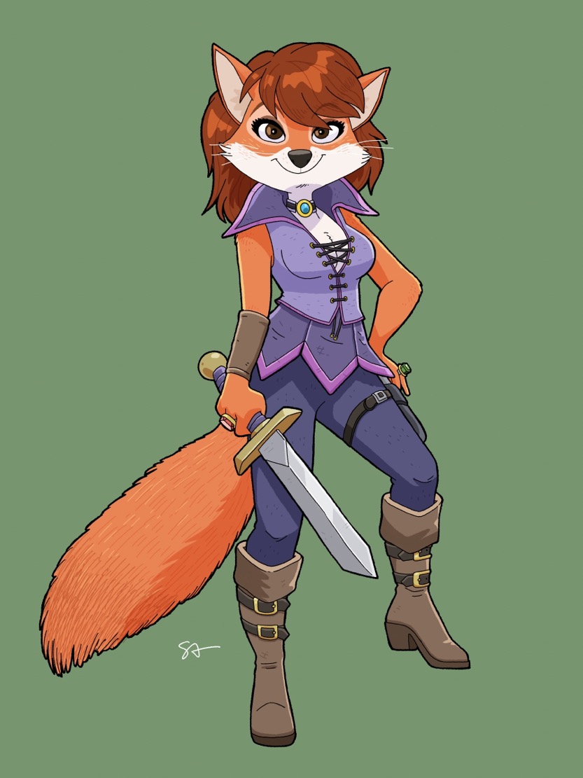 alternate_form anthro black_nose blue_bottomwear blue_clothing blue_pants boots bottomwear breasts brown_eyes buckle buckles canid canine cleavage clothed clothing disney eyelashes female footwear fox full-length_portrait fur green_background hair holding_object holding_sword holding_weapon holster jewelry looking_at_viewer maid_marian mammal melee_weapon necklace orange_body orange_fur orange_tail pants portrait purple_clothing purple_topwear red_hair ring robin_hood_(disney) shuffle99 signature simple_background smile smiling_at_viewer solo sword topwear two_tone_face weapon whiskers