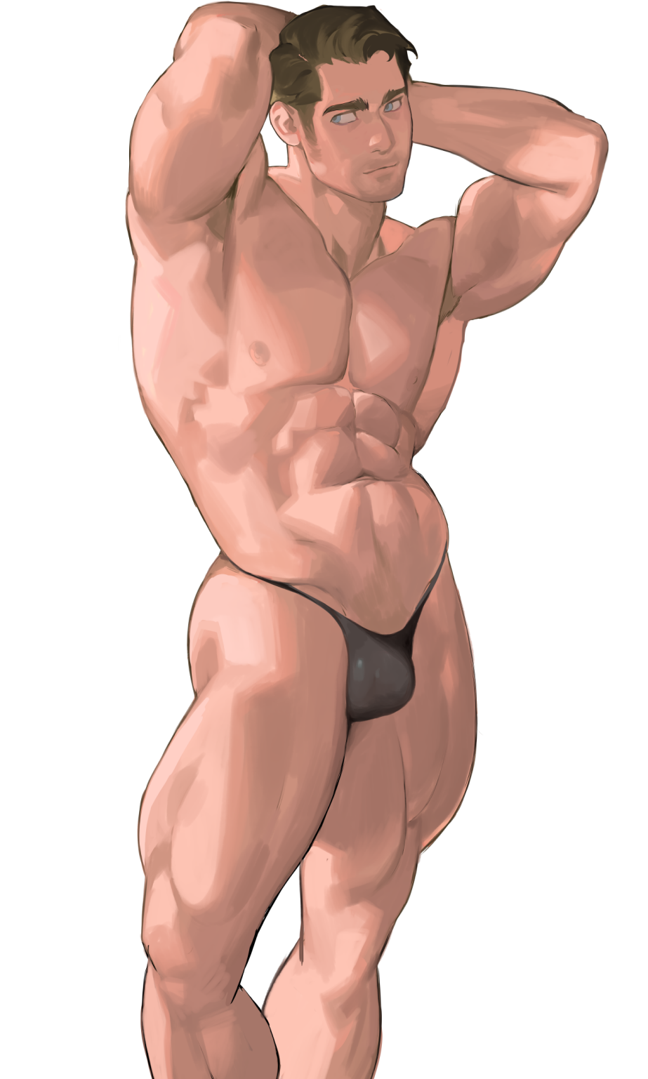 1boy abs armpits arms_behind_head bara bikini_briefs black_male_underwear brown_hair bulge feet_out_of_frame flexing highres horikwawataru male_focus muscle navel nipples original pectorals pose short_hair sideburns solo thick_thighs thighs underwear underwear_only white_background