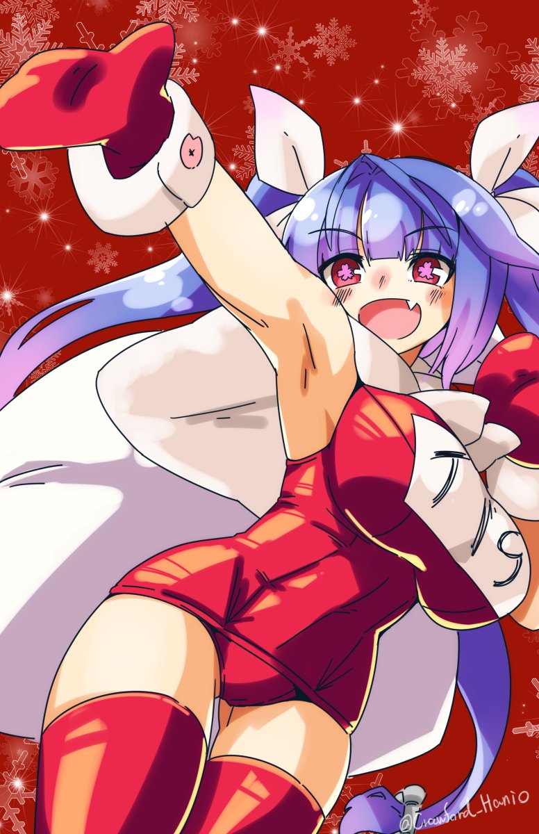 1girl cowboy_shot fang flower-shaped_pupils fur-trimmed_mittens fur_trim haniyama_kurofo highres i-19_(kantai_collection) kantai_collection long_hair looking_at_viewer mittens name_tag red_background red_legwear red_mittens red_swimsuit sack school_swimsuit skin_fang smile snowflake_background solo star-shaped_pupils star_(symbol) swimsuit symbol-shaped_pupils thigh_gap thighhighs tri_tails twitter_username