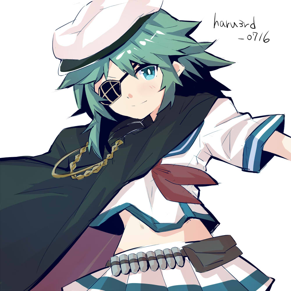 1girl black_skirt cape commentary_request eyepatch green_eyes green_hair hat kantai_collection kiso_(kantai_collection) looking_at_viewer pleated_skirt remodel_(kantai_collection) sailor_hat sanninme_no_haru school_uniform serafuku short_hair simple_background single_pauldron skirt solo twitter_username white_background white_skirt