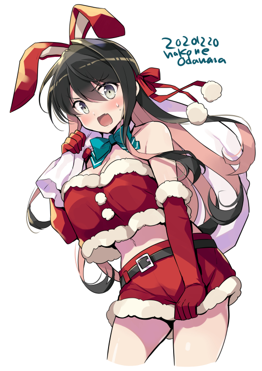 1girl animal_ears artist_name bare_shoulders black_hair blue_neckwear bow bowtie breasts bunny_ears commentary_request cowboy_shot crop_top crop_top_overhang cropped_legs dated detached_collar elbow_gloves fake_animal_ears fang fur-trimmed_gloves fur-trimmed_skirt fur_trim gloves kantai_collection large_breasts long_hair looking_at_viewer miniskirt multicolored_hair naganami_(kantai_collection) odawara_hakone pink_hair red_gloves red_skirt sack simple_background skin_fang skirt skirt_pull solo standing two-tone_hair wavy_hair white_background
