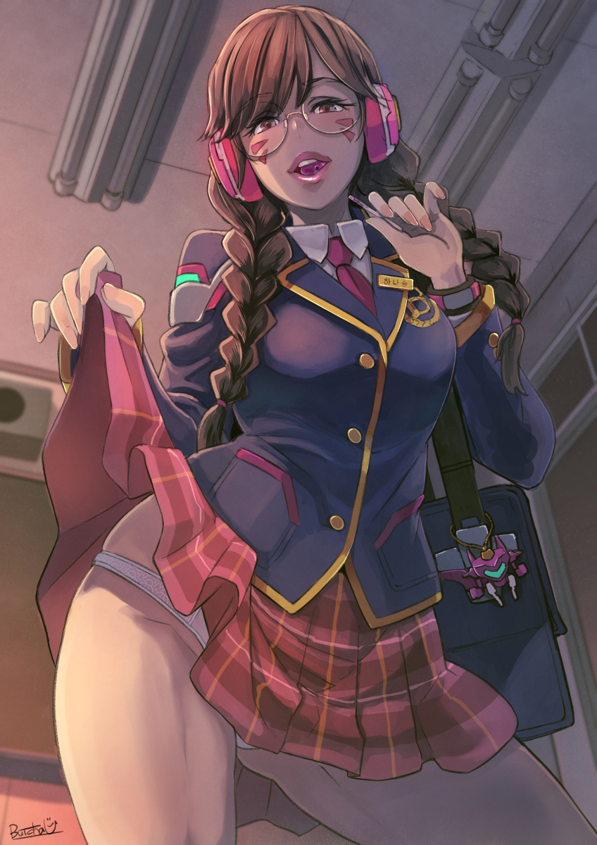 1girl academy_d.va alternate_costume alternate_hairstyle ass_visible_through_thighs bag bespectacled blazer braid brown_hair butcha-u candy commentary_request d.va_(overwatch) facial_mark flashing food food_in_mouth glasses headphones highres jacket lifted_by_self lollipop looking_at_viewer naughty_face necktie open_mouth overwatch panties pink_neckwear revision school_bag school_uniform skirt skirt_lift solo twin_braids underwear whisker_markings white_panties